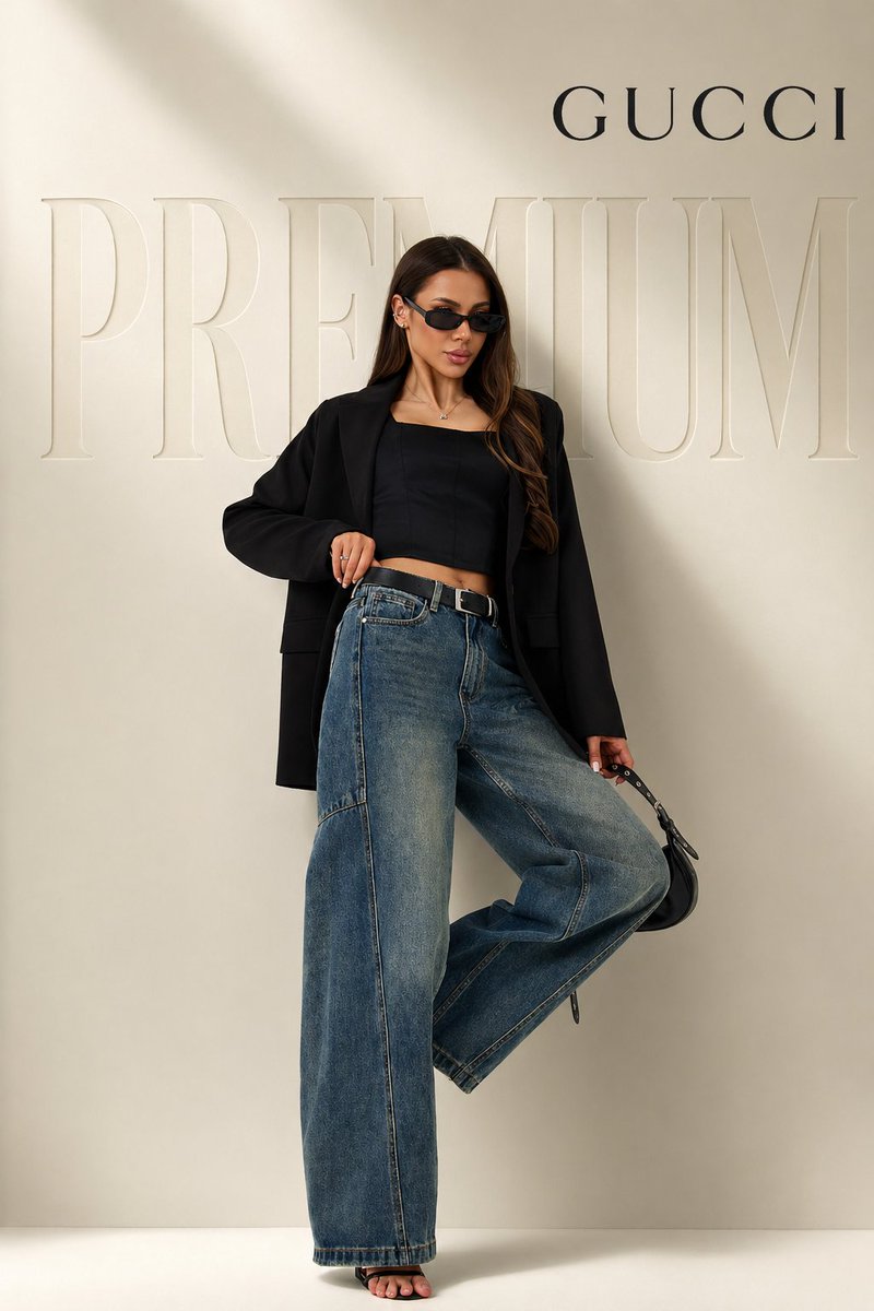 Lüks Moda Editoryali: Büyük Beden Blazer ve Bol Kot Pantolonlu Model visual example